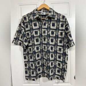 Arizona Jean Company Casual Shirt Navy and Cream Geometric Mens M Cotton
